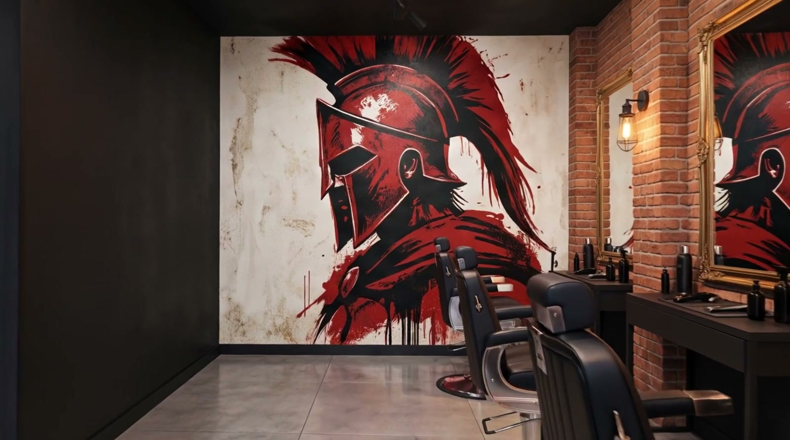 Barbearia Trezentos: cadeira de barbeiro vazia diante do mural do espartano (imagem ilustrativa)