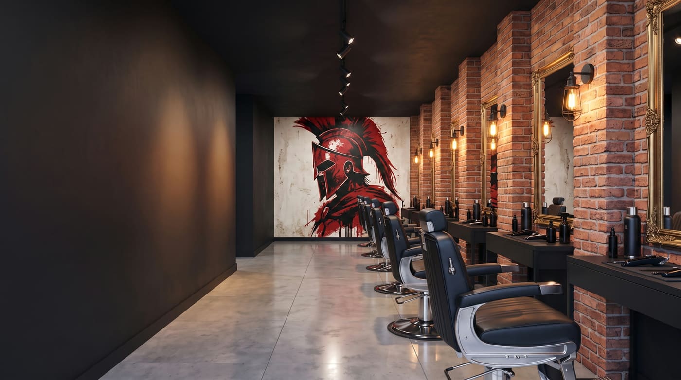 Barbearia Trezentos: cadeiras de couro, tijolo aparente e o mural do espartano (imagem ilustrativa)